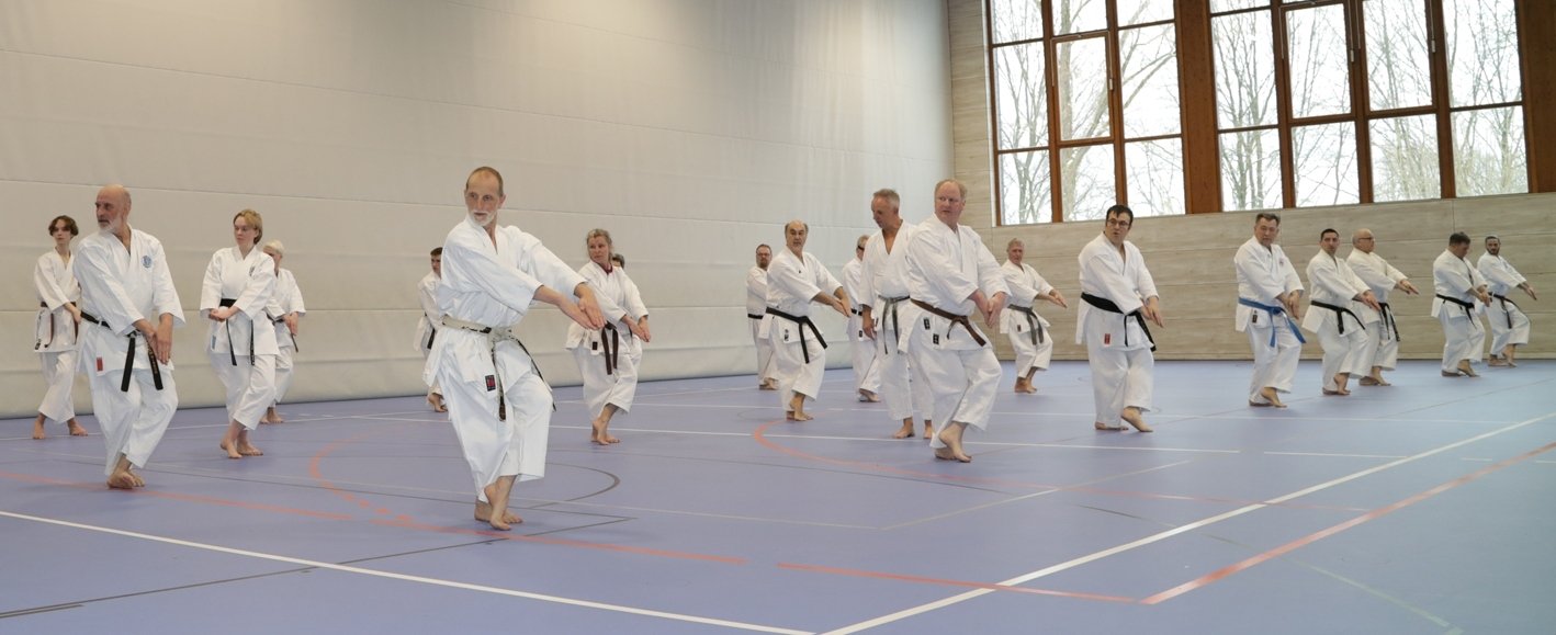 Etwa zwanzig Karateka in weißen Anzügen üben in einer Sporthalle gemeinsam dieselbe Technik im tiefen Stand.