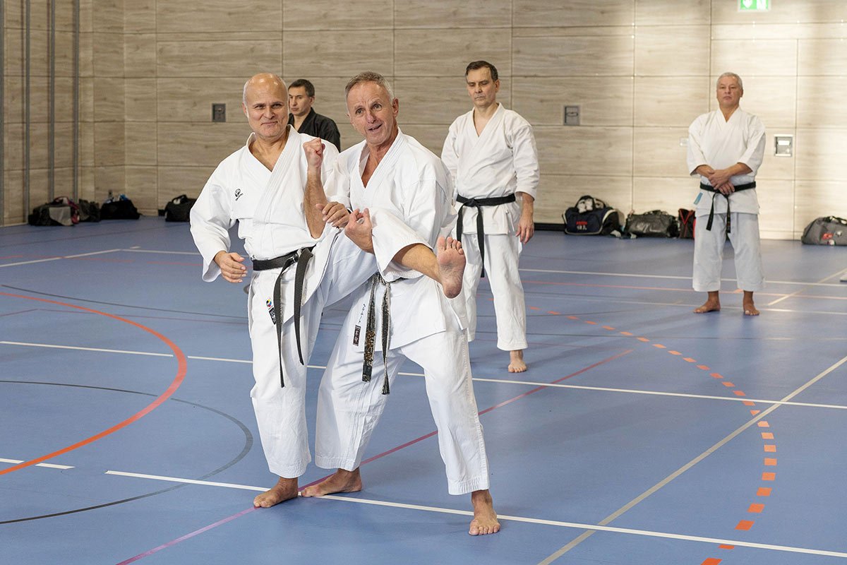 Zwei Karateka zeigen eine Technik: der eine fängt das angehobene Bein des anderen ab, weitere Teilnehmer sehen zu.