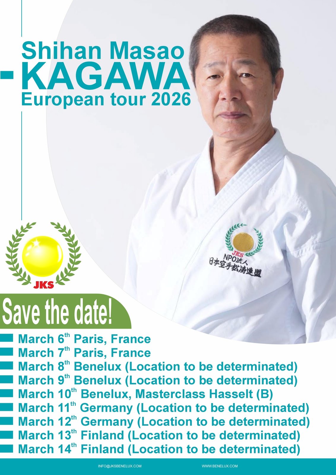 Plakat der Japan Karate Shoto Federation zur Europatour 2026 von Shihan Masao Kagawa, mit den Terminen vom 6. bis 14. März in Paris, Benelux, Deutschland und Finnland.